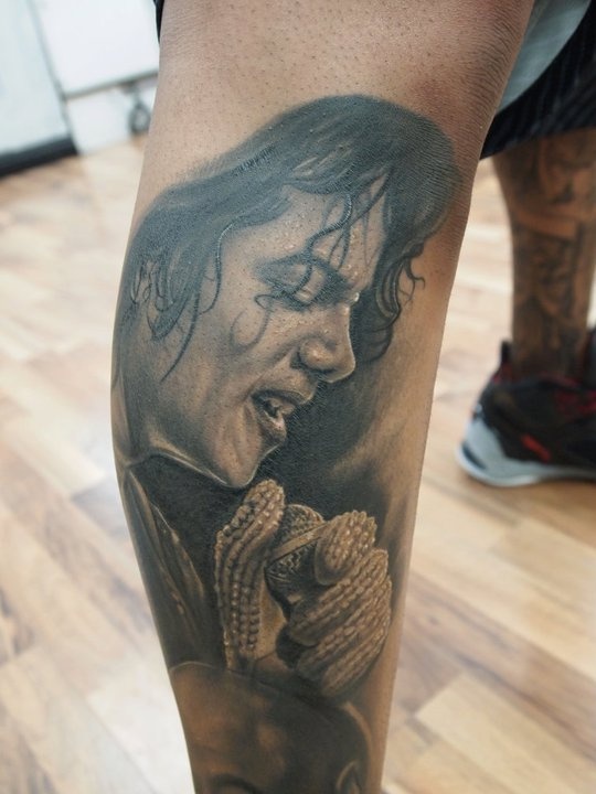 Realistic Michael Jackson Tattoo On Leg