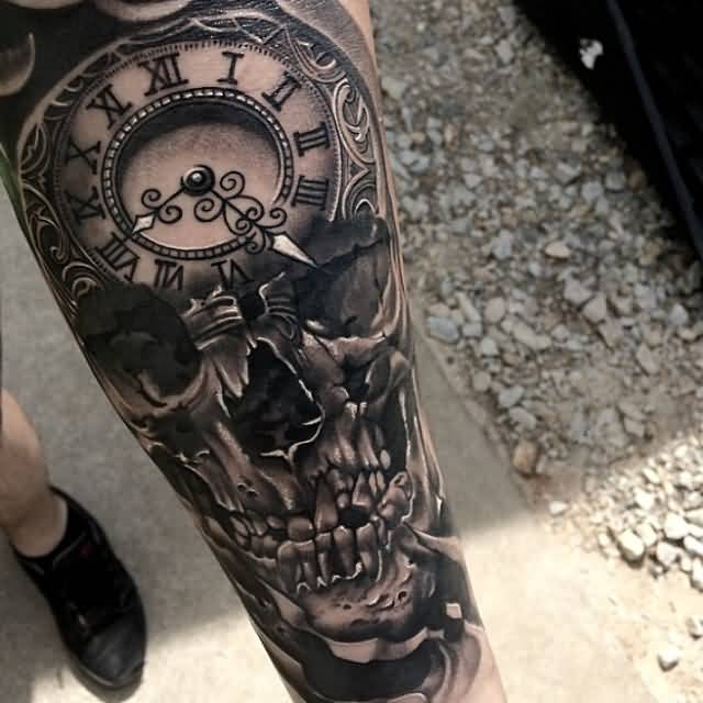 Realistic Skull and Clock Tattoo On Left Arm