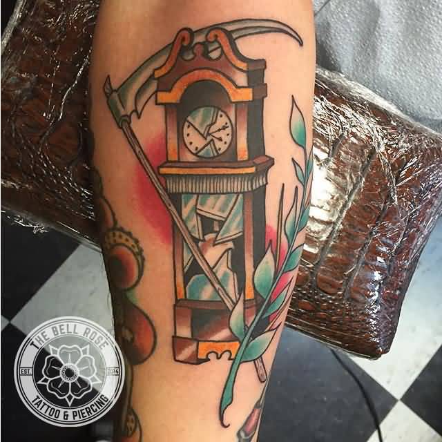 Reaper And Grandfather Clock Tattoo On Arm