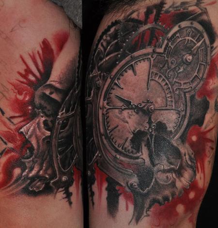 Red And Black Clock Gears Tattoo