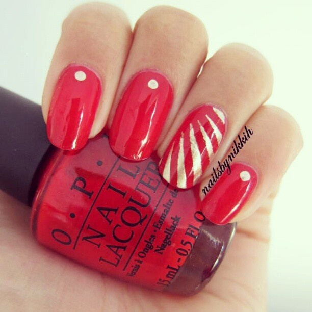 Red And Gold Stripes Accent Nail Art