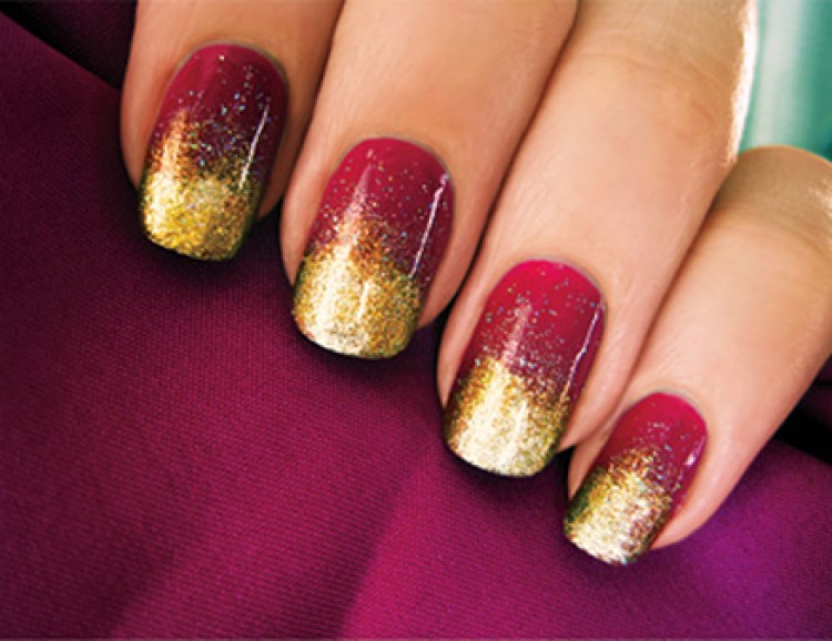 Red And Golden Glitter Ombre Nail Art Design