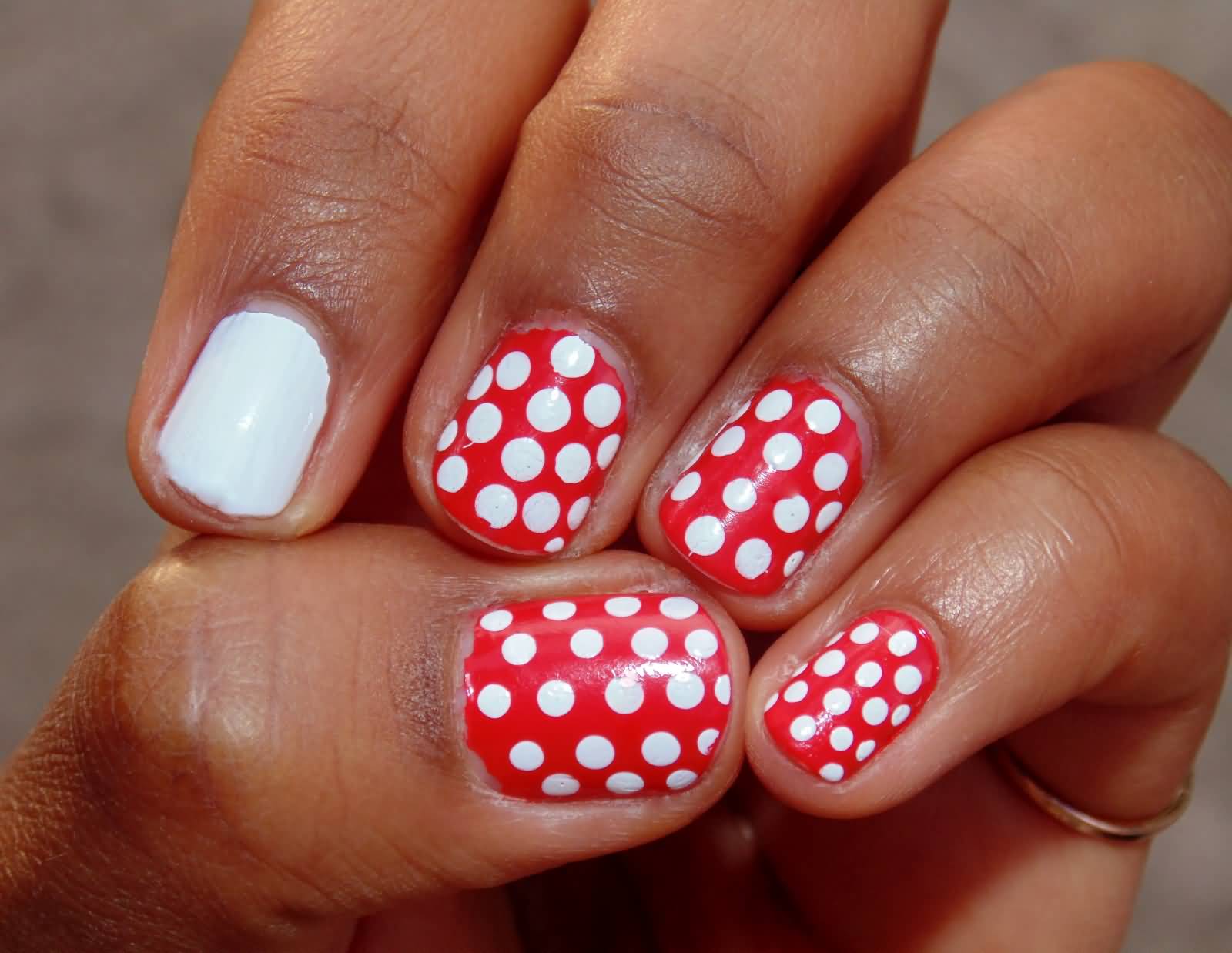 Red And White Polka Dots Nails With White Nude Accent Nail Art