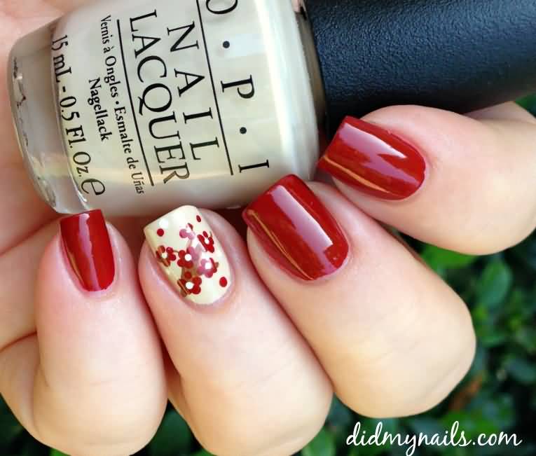 Red Flowers Accent Nail Art Design