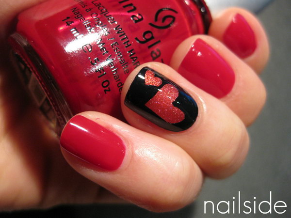 Red Hearts On Black Nail Accent Nail Art