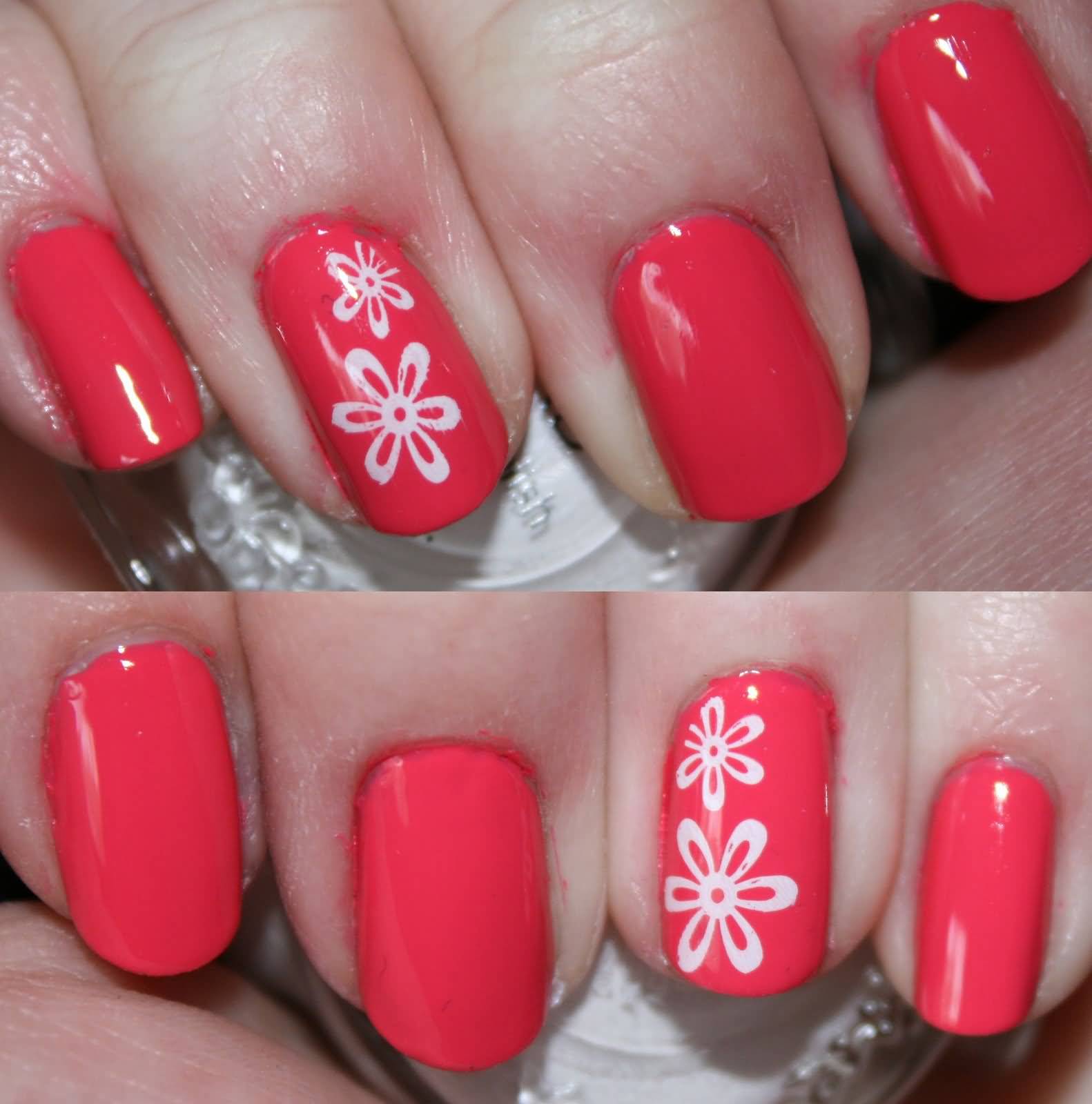 Red Nails With White Flower Accent Nail Art