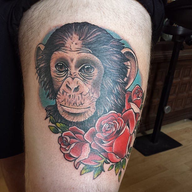 Red Roses And Chimpanzee Tattoo by Megan Rose