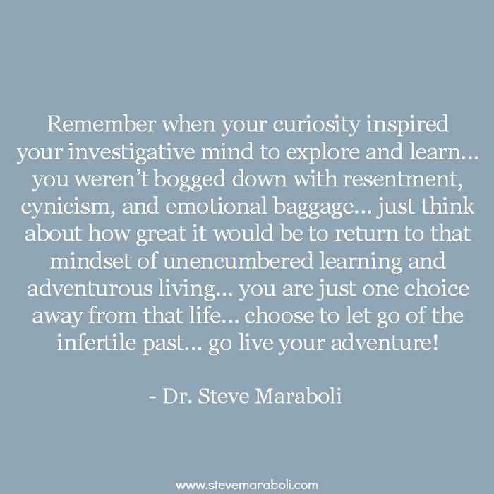 Remember when your curiosity inspired your investigative mind to explore and learn… you weren’t bogged down with resentment, cynicism, and emotional baggage… just think about how great it would be to return to that mindset of unencumbered learning and adventurous living… you are just one choice away from that life… choose to let go of the infertile past… go live your adventure! - Dr. Steve Maraboli