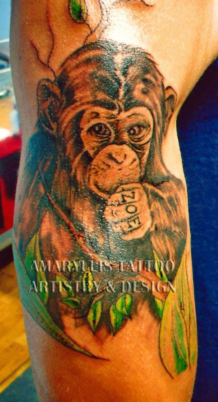 Right Bicep Grey Ink Chimpanzee Tattoo On Half Sleeve