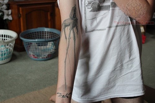 Right Forearm Grey Ink Dali Elephant Tattoo