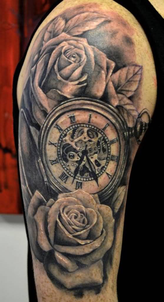 Right Half Sleeve Rose Flowers And Clock Tattoo