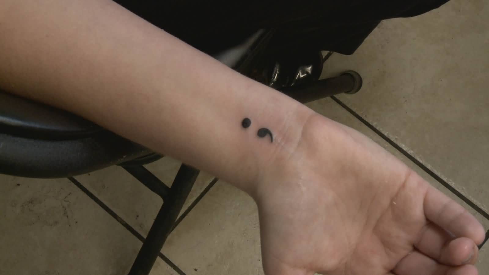 Right Wrist Black Semicolon Tattoo