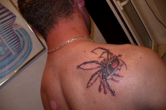 Ripped Skin Arachnids Tattoo On Back Shoulder
