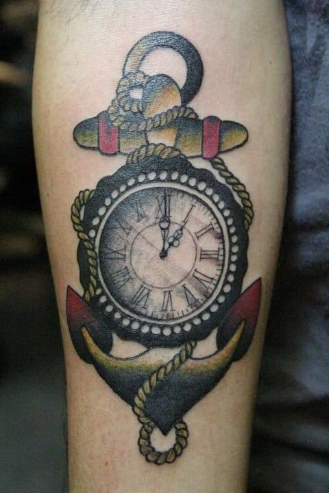 Rope Anchor Clock Tattoo On Arm