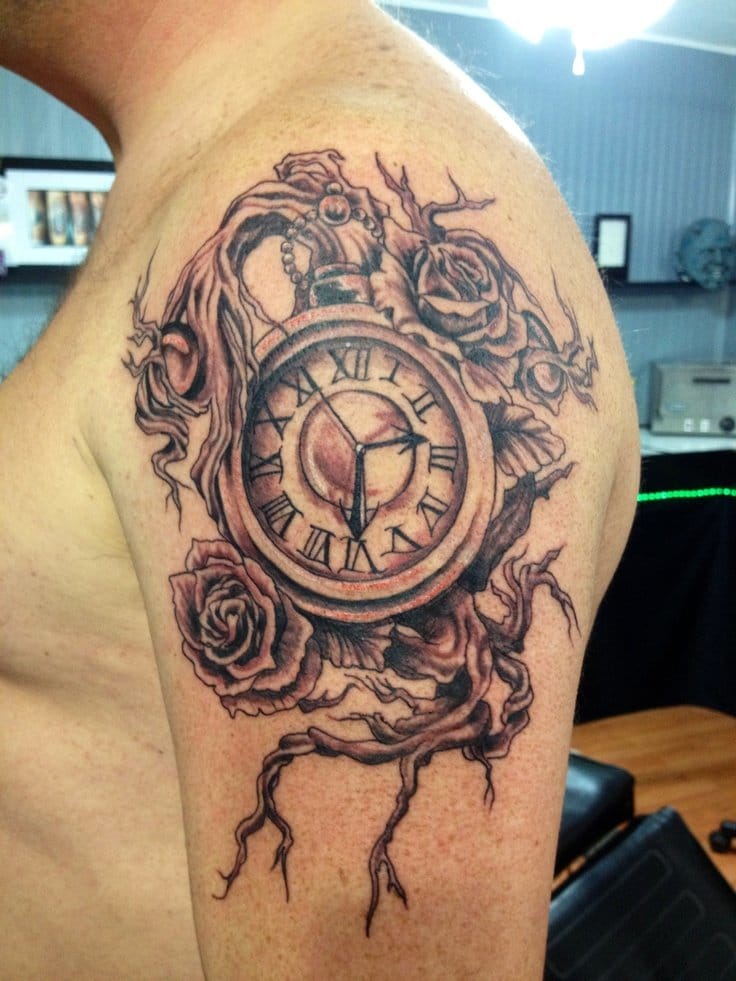 Rope Flowers And Clock Tattoo On Left Shoulder by Derrick Diaz