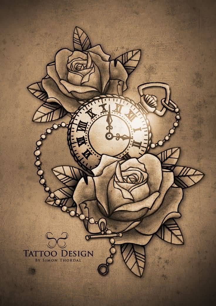 Rose Flowers And Clock Tattoo Design
