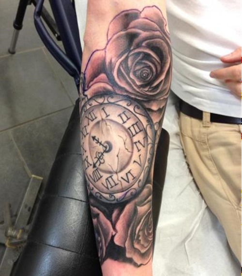Rose Flowers And Clock Tattoo On Man Right Sleeve