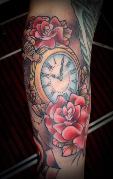 Rose Flowers And Clock Tattoo