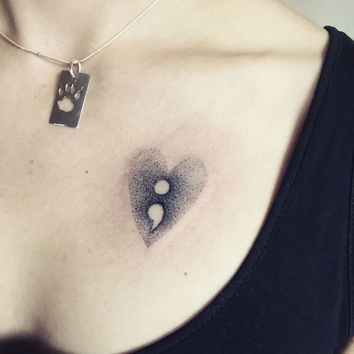 Semicolon Dot Heart Tattoo on Collar Bone