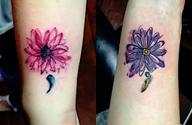 Semicolon Flowers Tattoos On Side Rib