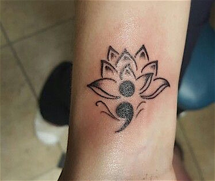 Semicolon Lotus Flower Tattoo On Arm