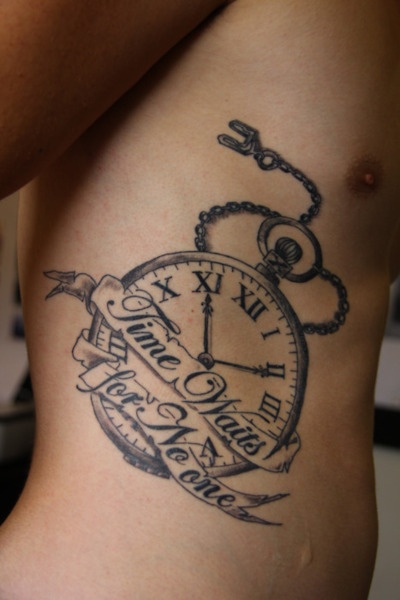 Simple Clock And Time Waits For No One Tattoo On Side Rib