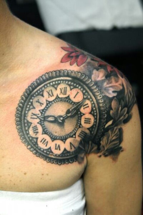 Simple Clock Tattoo On Girl Left Shoulder