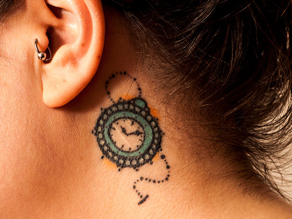 Simple Clock Tattoo On Girl Side Neck