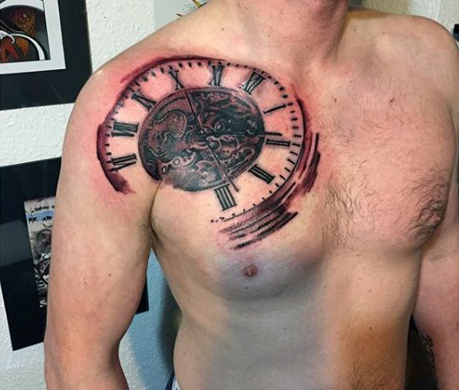 Simple Clock Tattoo on Man Front Shoulder