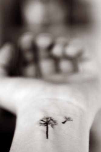 Small Dandelion Puff In Black Ink Tattoo On Wrist
