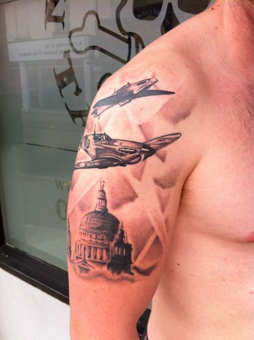 Spitfire Airplane Tattoo On Right Half Sleeve