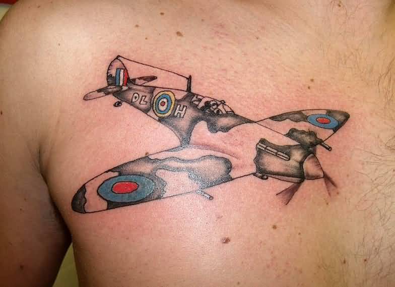 Spitfire Tattoo On Chest For Men