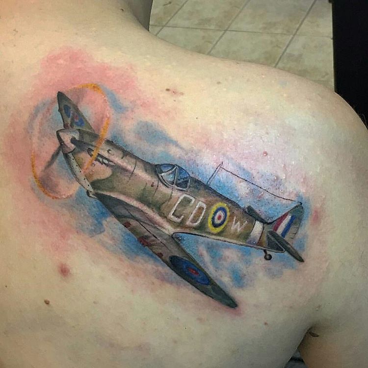 Spitfire Tattoo On Right Back Shoulder