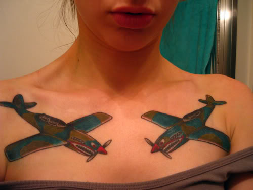 Spitfire War Plane Tattoos On Front Shoulders