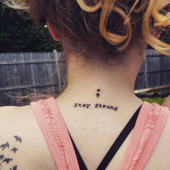 Stay Strong Semicolon Tattoo On Girl Nape