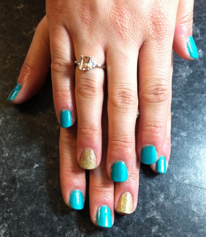 Teal With Gold Glitter Accent Nail Art