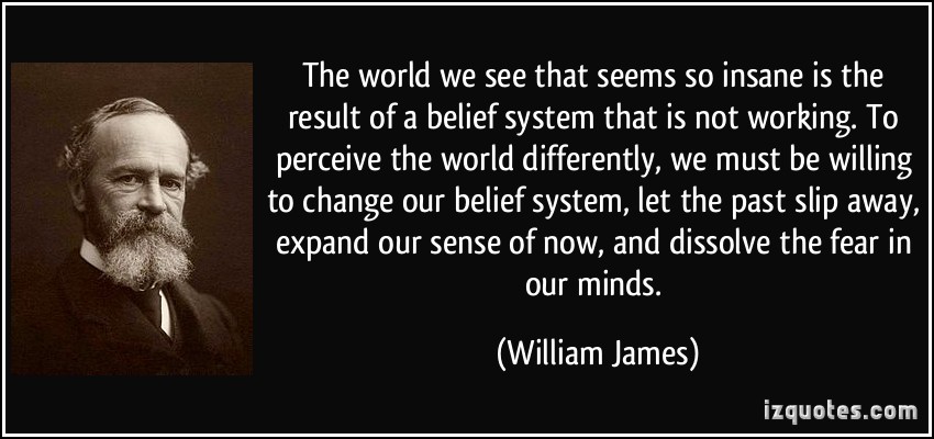 The world we see that seems so insane is the result of a belief system that is not working. To perceive the world differently, we must be willing to change our belief system, let the past slip away, expand our sense of now, and dissolve the fear in our minds. - William James