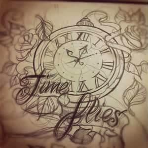Time Flies Banner And Clock Tattoo Design