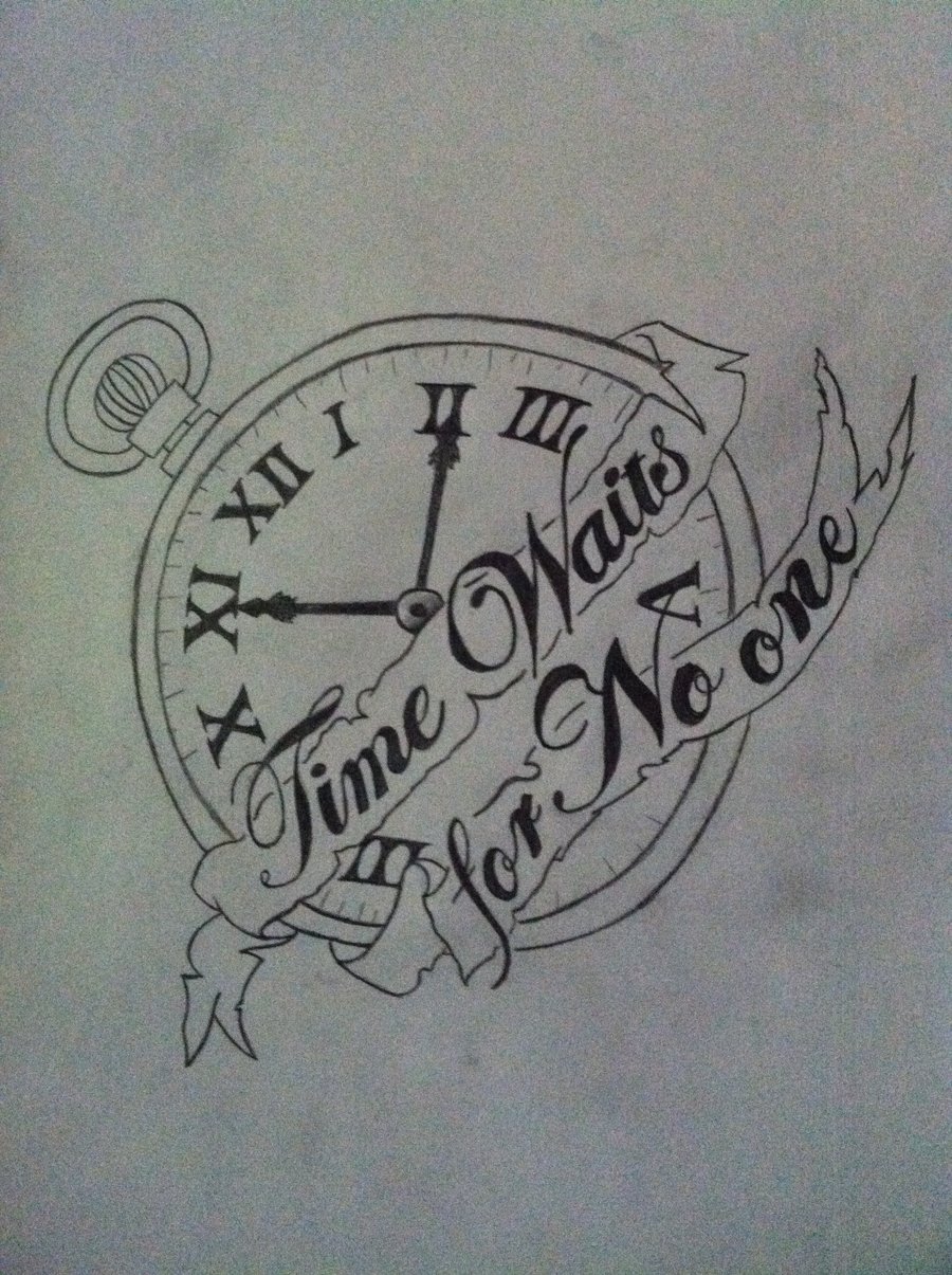 Time Waits For No One Banner And Simple Clock Tattoo Design