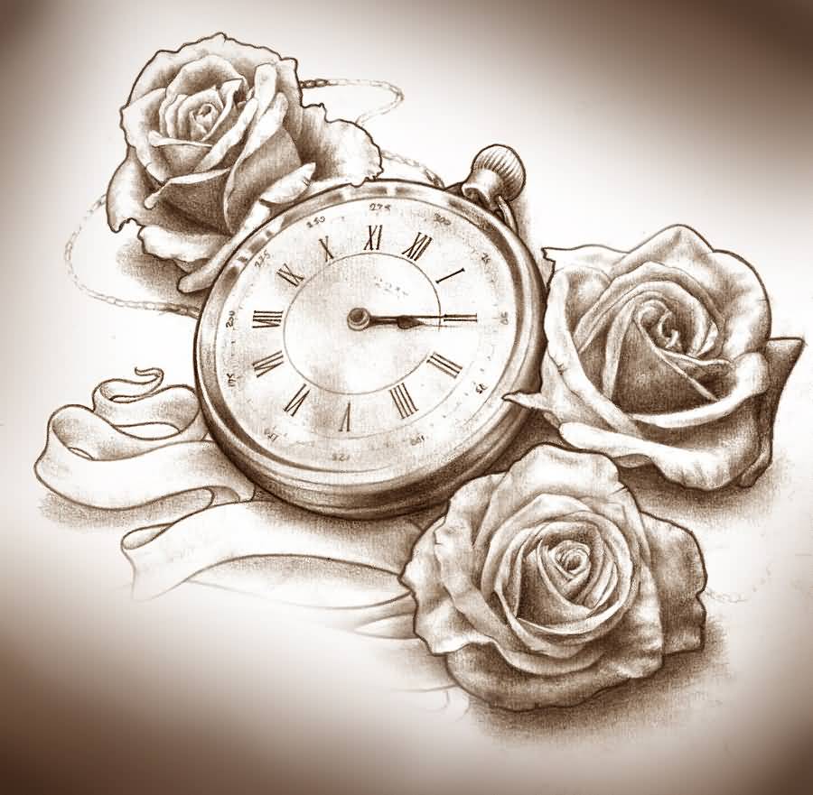 Traditional Rose Flowers And Clock Tattoo Design