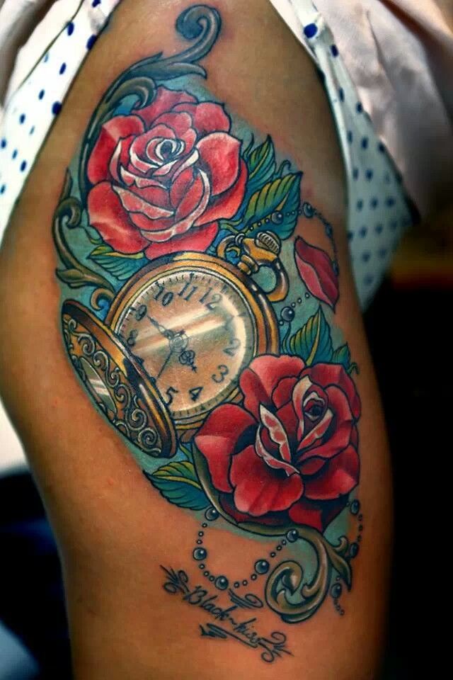 Traditional Roses And Clock Tattoo On Side Thigh