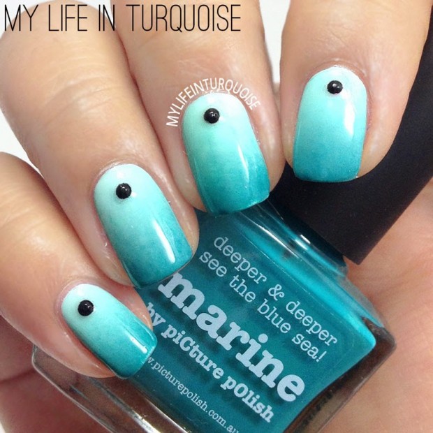 Turquoise Ombre Nail Art With Black Dots