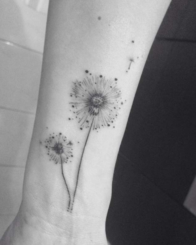 Two Dandelion Puffs In Light Black Tattoo On Wrist
