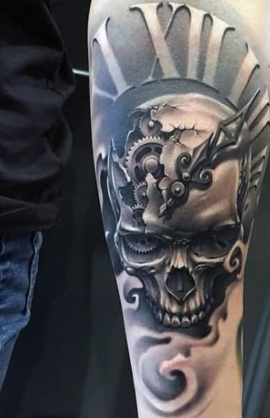 Vintage Skull In Clock Tattoo On Arm