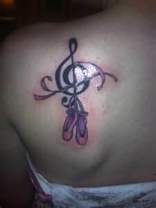 Violin Key And Shoes Tattoo On Left Back Shoulder