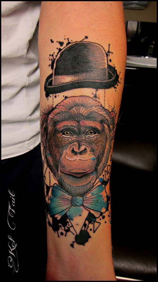 Watercolor Chimpanzee Tattoo On Left Forearm by Kel Tait