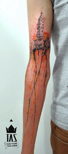 Watercolor Dali Elephant Tattoo On Arm Sleeve