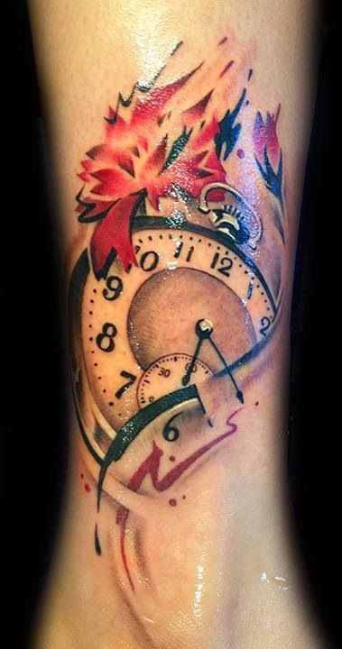 Watercolor Flower And Clock Tattoo Design On Leg