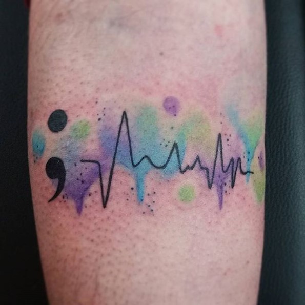 Watercolor Heartbeat Semicolon Tattoo