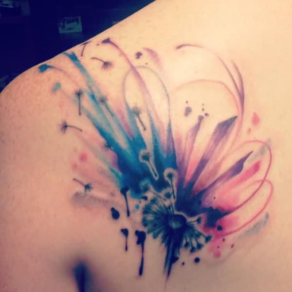 Watercolor Dandelion Blowing From Puff Tattoo On Left Back Shoulder For Men